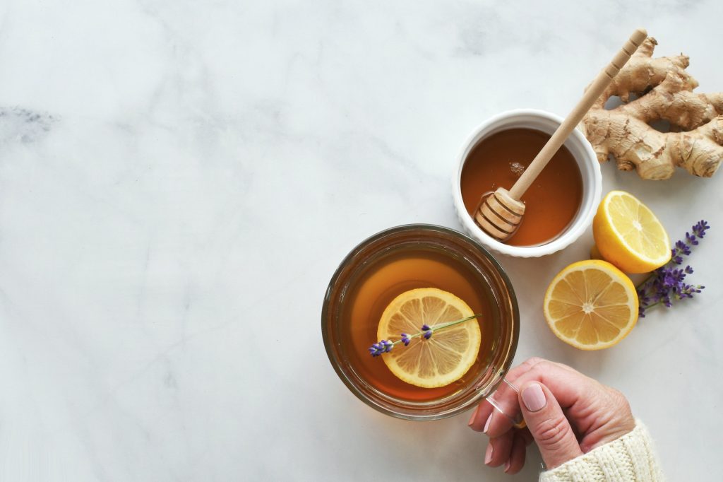 Lemon ginger tea with honey and lavender.